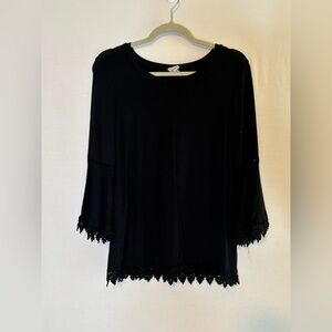 Black 3/4 Sleeve Tunic with Scalloped Hem and Unique Sleeve